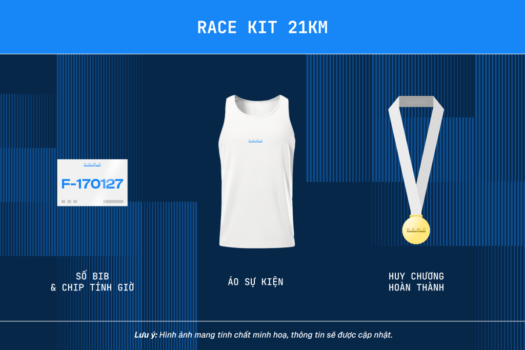 Bộ race kit HCMC Marathon 2027 21KM gồm bib, áo và vật phẩm sự kiện