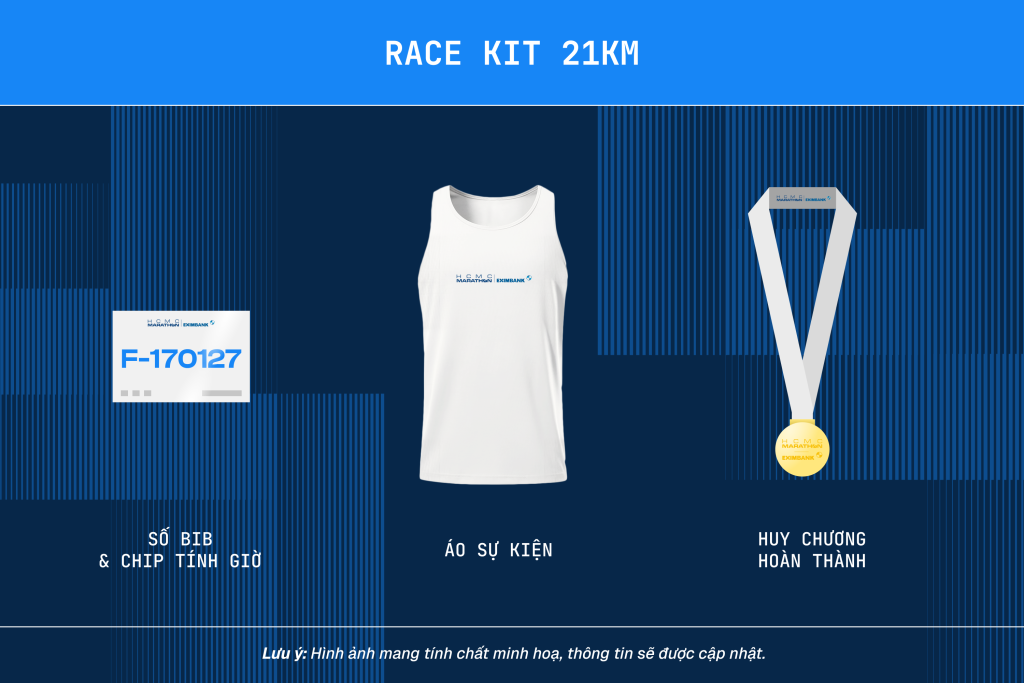 Bộ race kit HCMC Marathon 2027 21KM gồm bib, áo và vật phẩm sự kiện